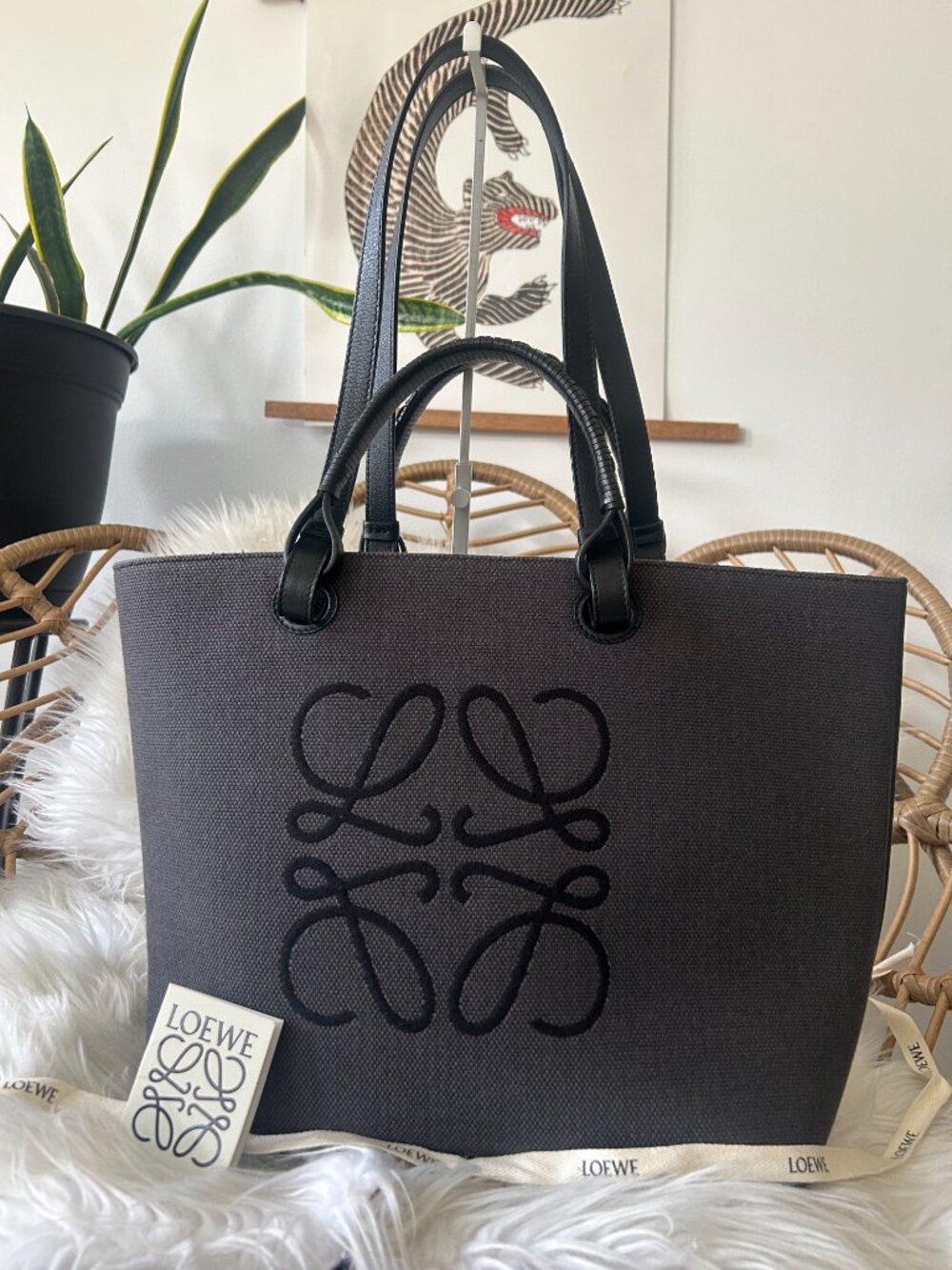 Loewe Anagram Tote in Leather & Canvas Black & Gray-Laptop, Travel, Work